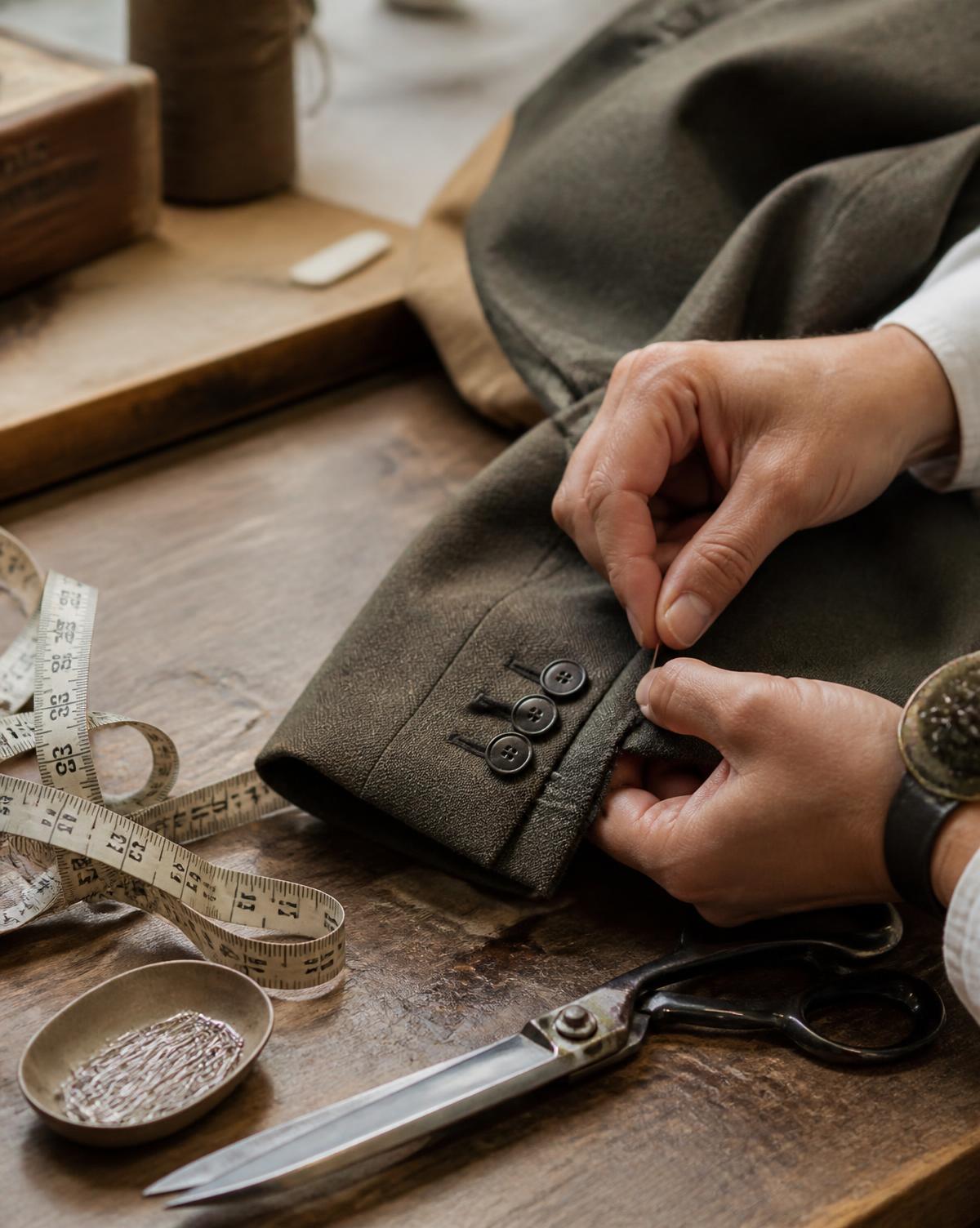 A jacket sleeve being hand-altered on a workroom table