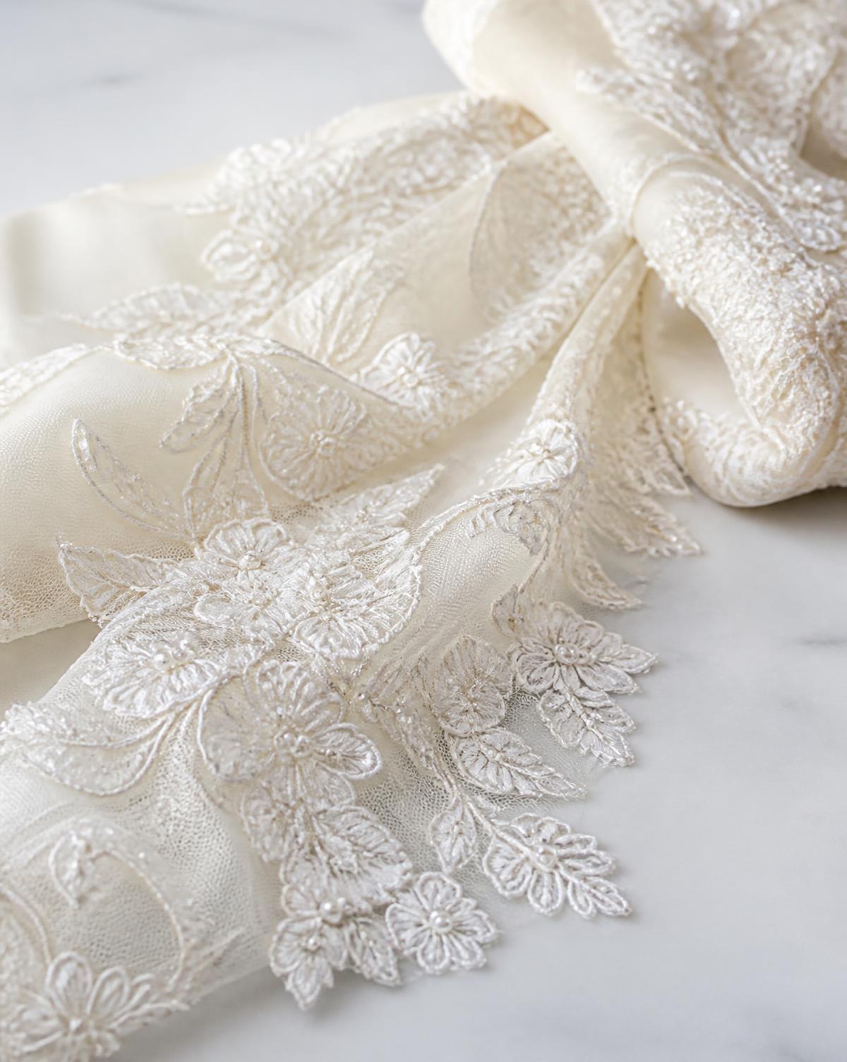 Ivory wedding gown fabric with lace and fine beading