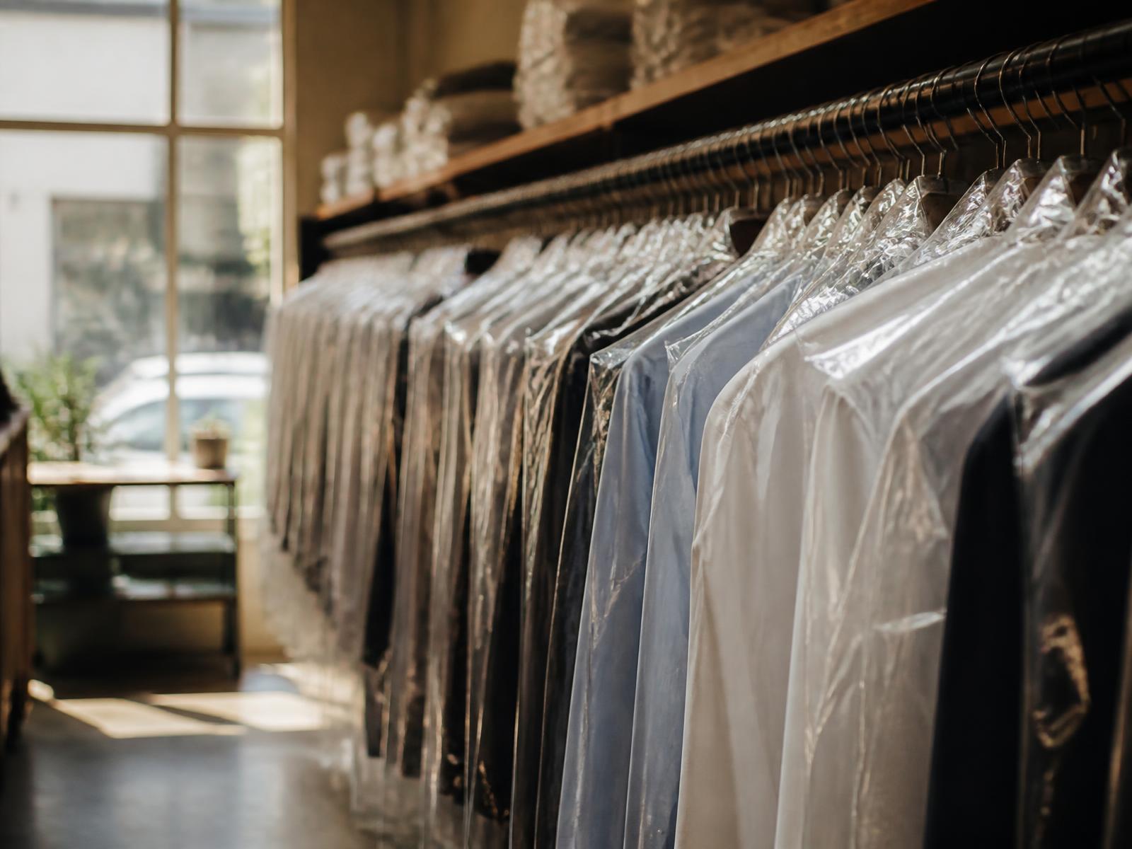 Freshly dry-cleaned garments in protective covers on a rail inside the shop