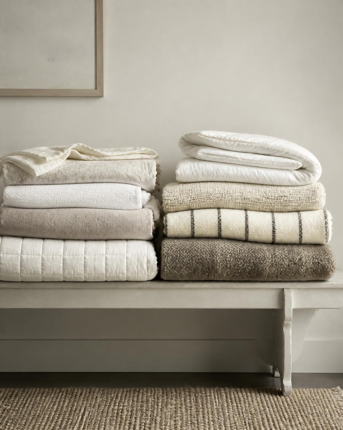 Folded clean quilts and wool blankets stacked on a bench